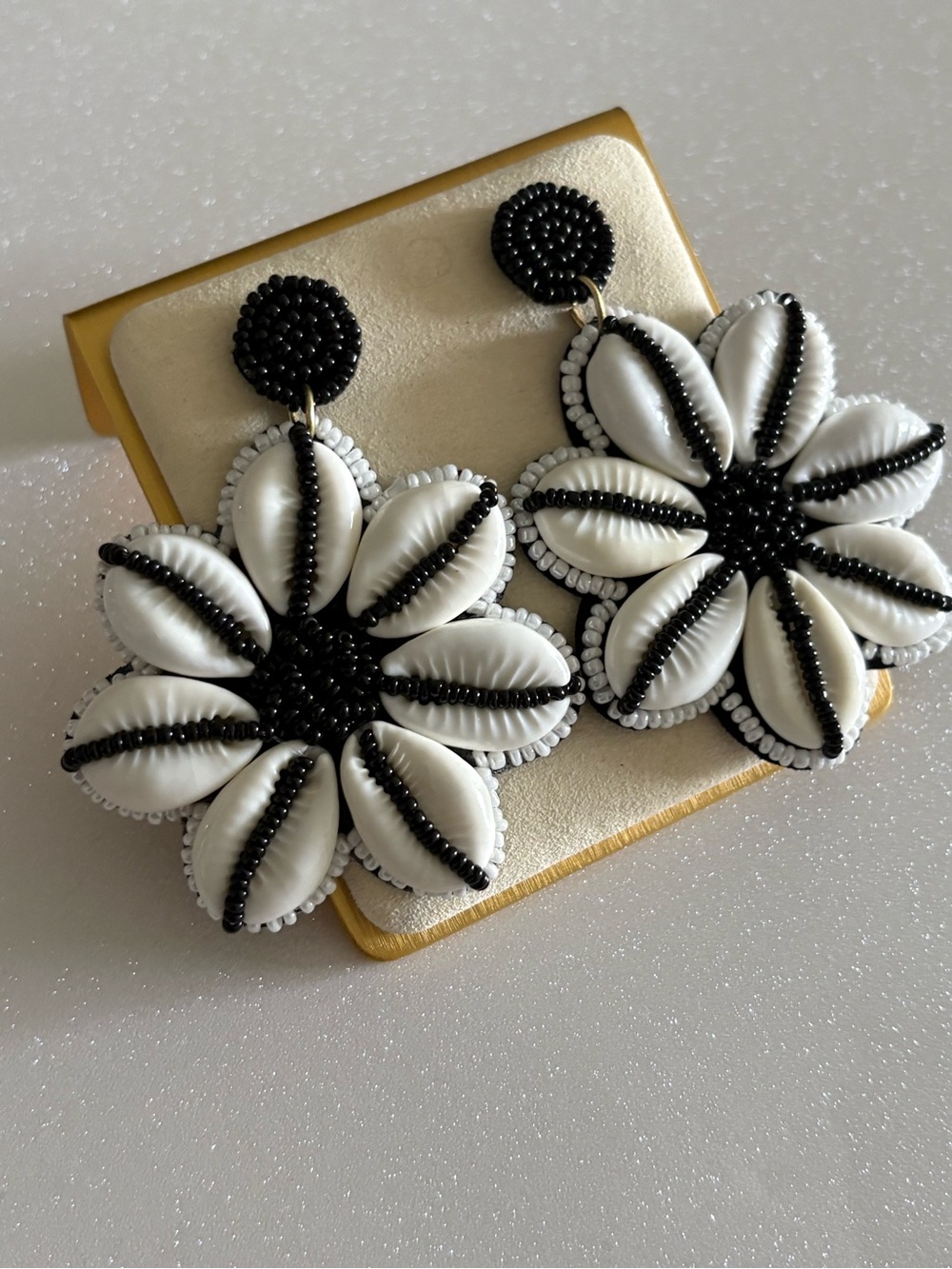 Black & White Floral Beaded Drop Earrings